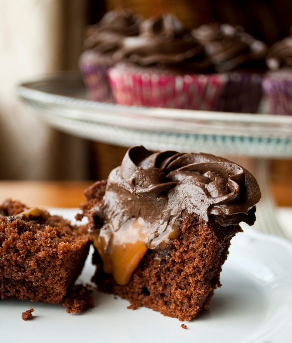 Caramel Stuffed Chocoalte Cupcakes via Pink Tiger in the Kitchen